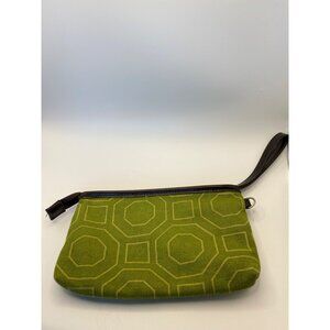 Kailo Chic Green Octagon Print Wristlet With Brown faux  Leather Trim & Strap
